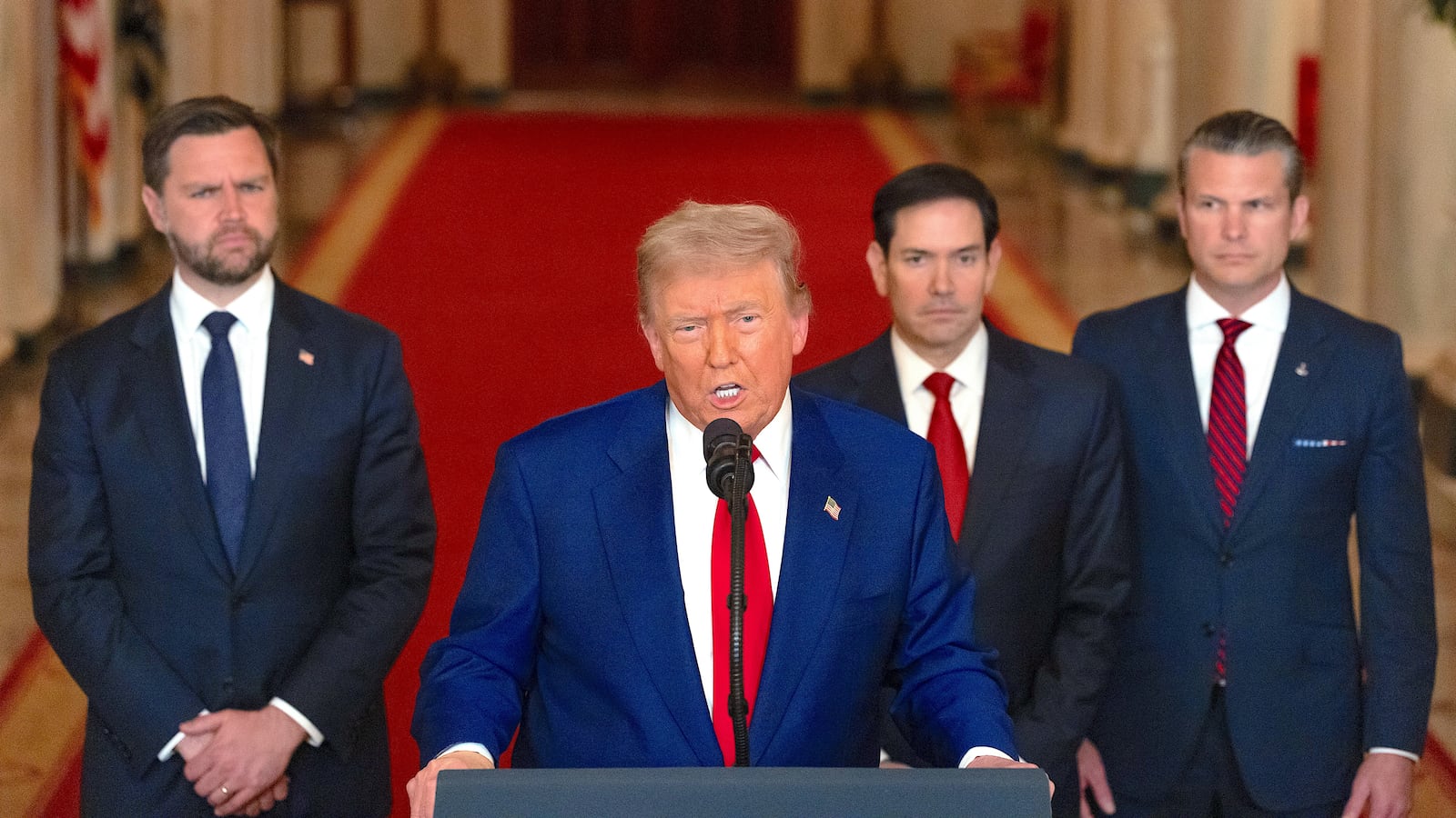 President Donald Trump delivers an address to the nation accompanied by U.S. Vice President JD Vance, U.S. Secretary of State Marco Rubio and U.S. Defense Secretary Pete Hegseth