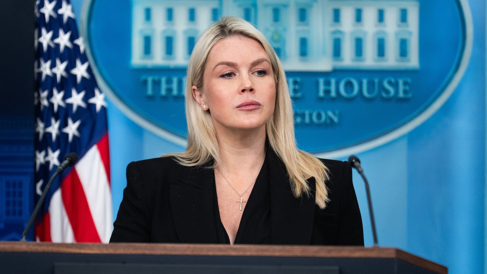 Karoline Leavitt, White House press secretary, holds a briefing on April 27, 2026, addressing the White House Correspondents' Association shooting and other issues.