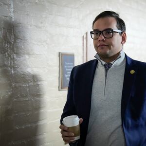 Rep. George Santos (R-NY) walks to a closed-door GOP caucus meeting at the U.S. Capitol in Washington, DC on January 10, 2023.