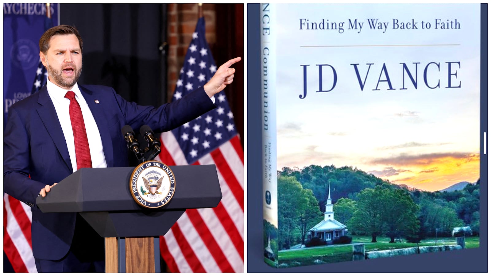 The cover of JD Vance's book about Catholicism... featuring a Methodist church.