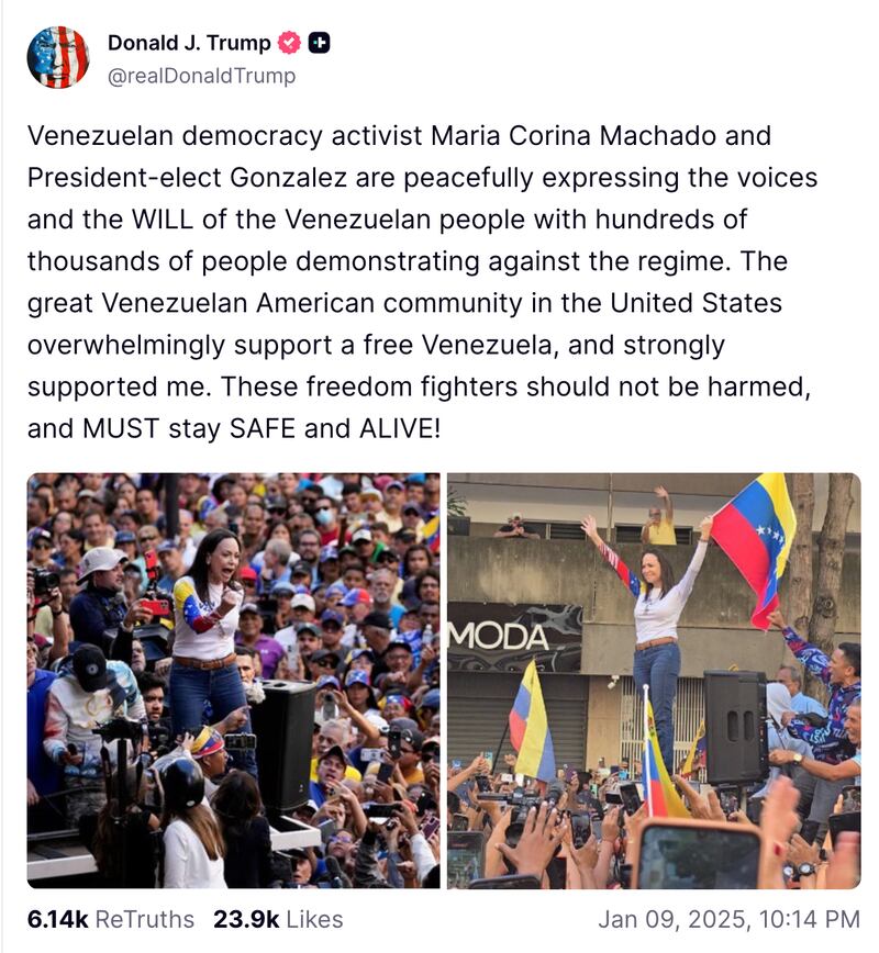 Trump's Truth Social post, in which he praised Machado and her movement.