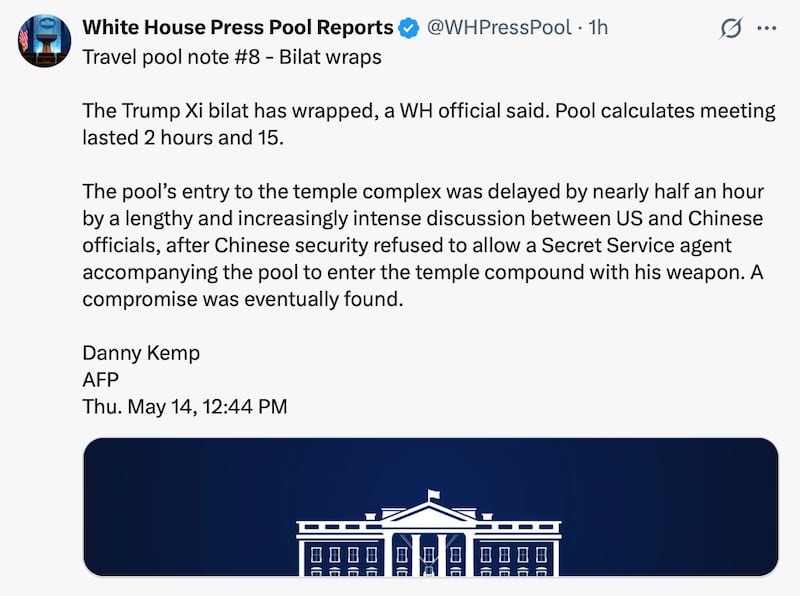 The White House Press Pool document minor drama in China.