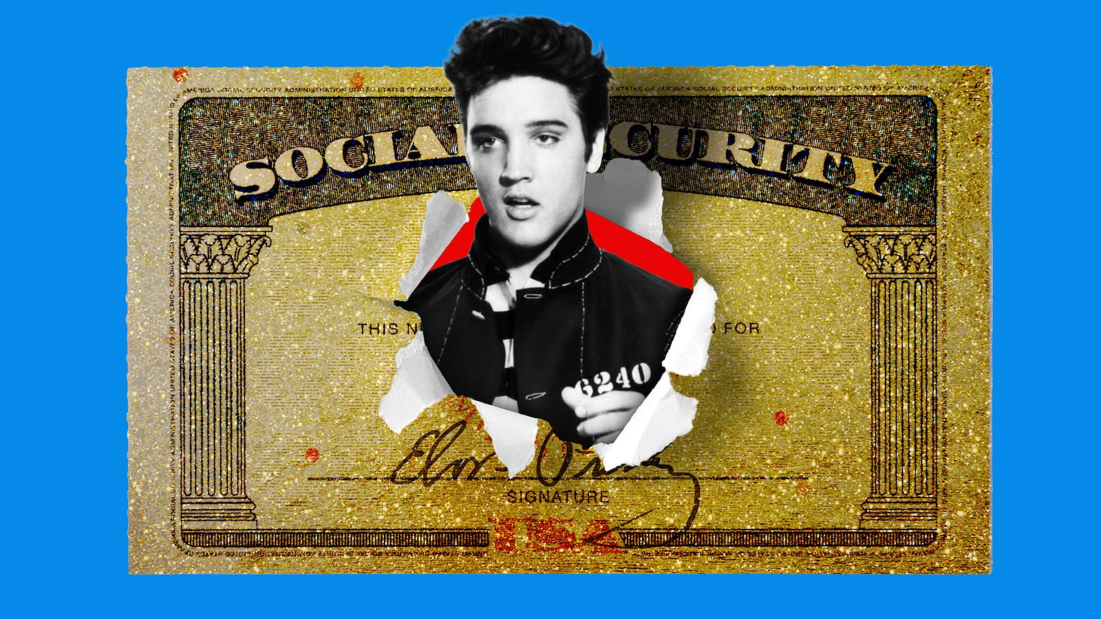 Photo illustration of Elvis Presley coming out of a gold social security card