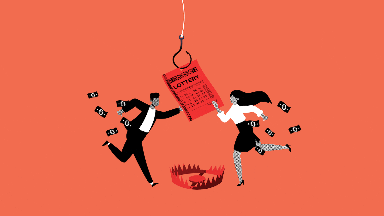 An illustration showing two people running after a hanging lottery ticket with a booby trap underneath