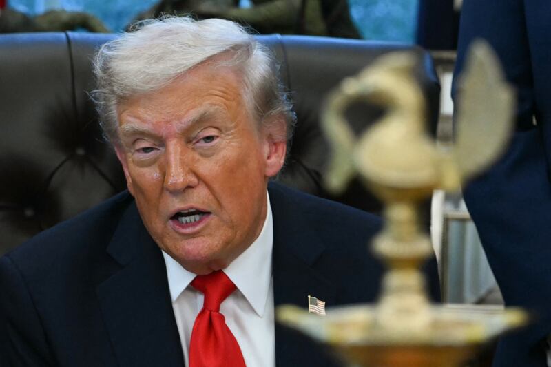 US President Donald Trump speaks at a Diwali celebration with Indian American leaders in the Oval Office of the White House in Washington, DC, on October 21, 2025.