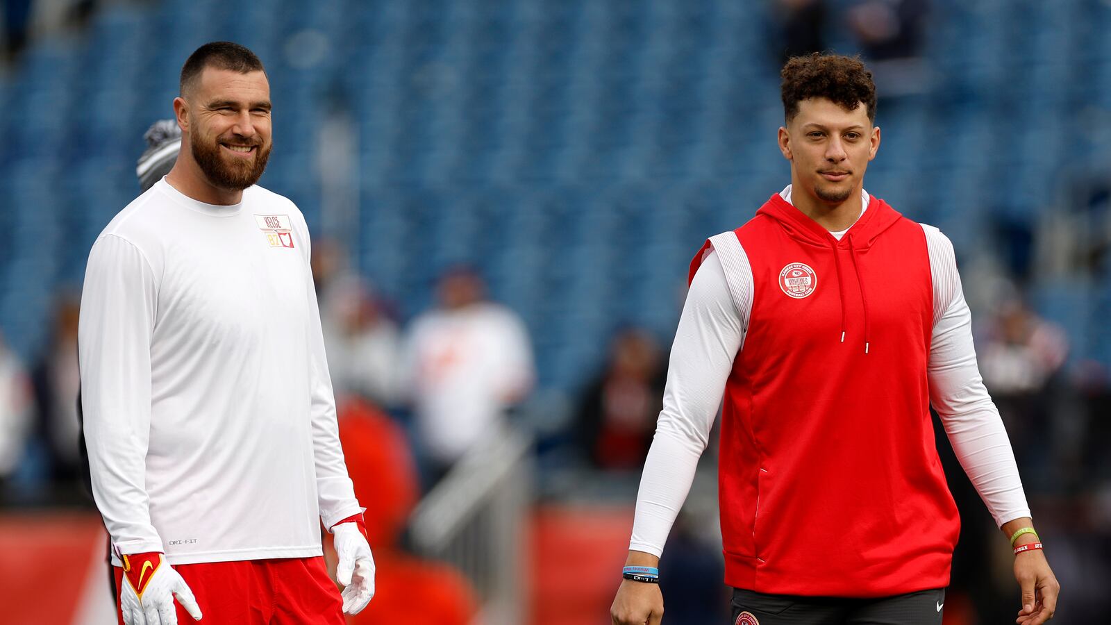 Travis Kelce #87 and Patrick Mahomes #15 of the Kansas City Chiefs