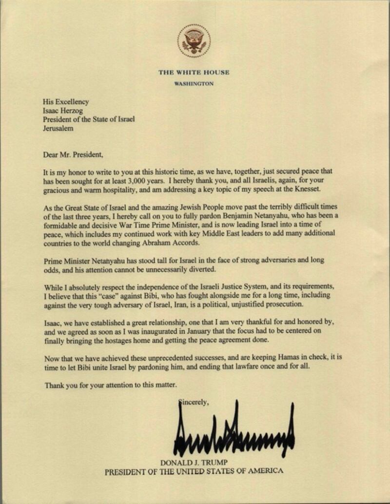 The letter Donald Trump sent to Israeli President Isaac Herzog.