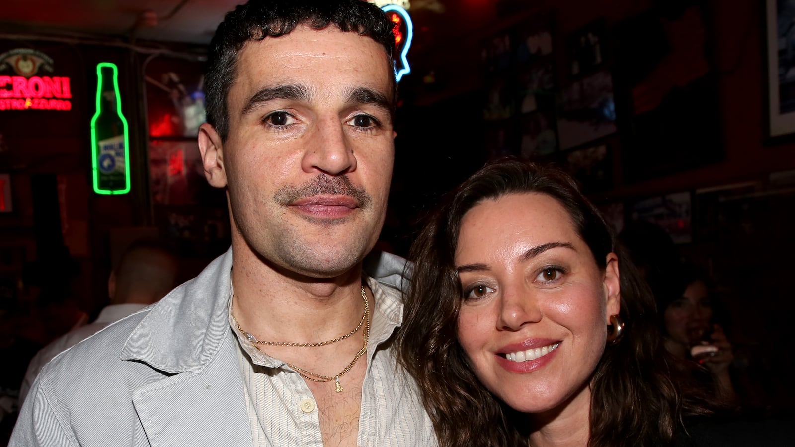 Christopher Abbott and Aubrey Plaza pose at the opening night after party for the new revival of Arthur Miller's "Death of a Salesman" on Broadway at Katz's Deli on April 9, 2026 in New York City.