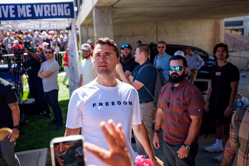 Charlie Kirk speaks at Utah Valley University on Sept. 10, 2025 in Orem, Utah.  Kirk, founder of Turning Point USA, was speaking at his "American Comeback Tour" when he was shot in the neck and killed.