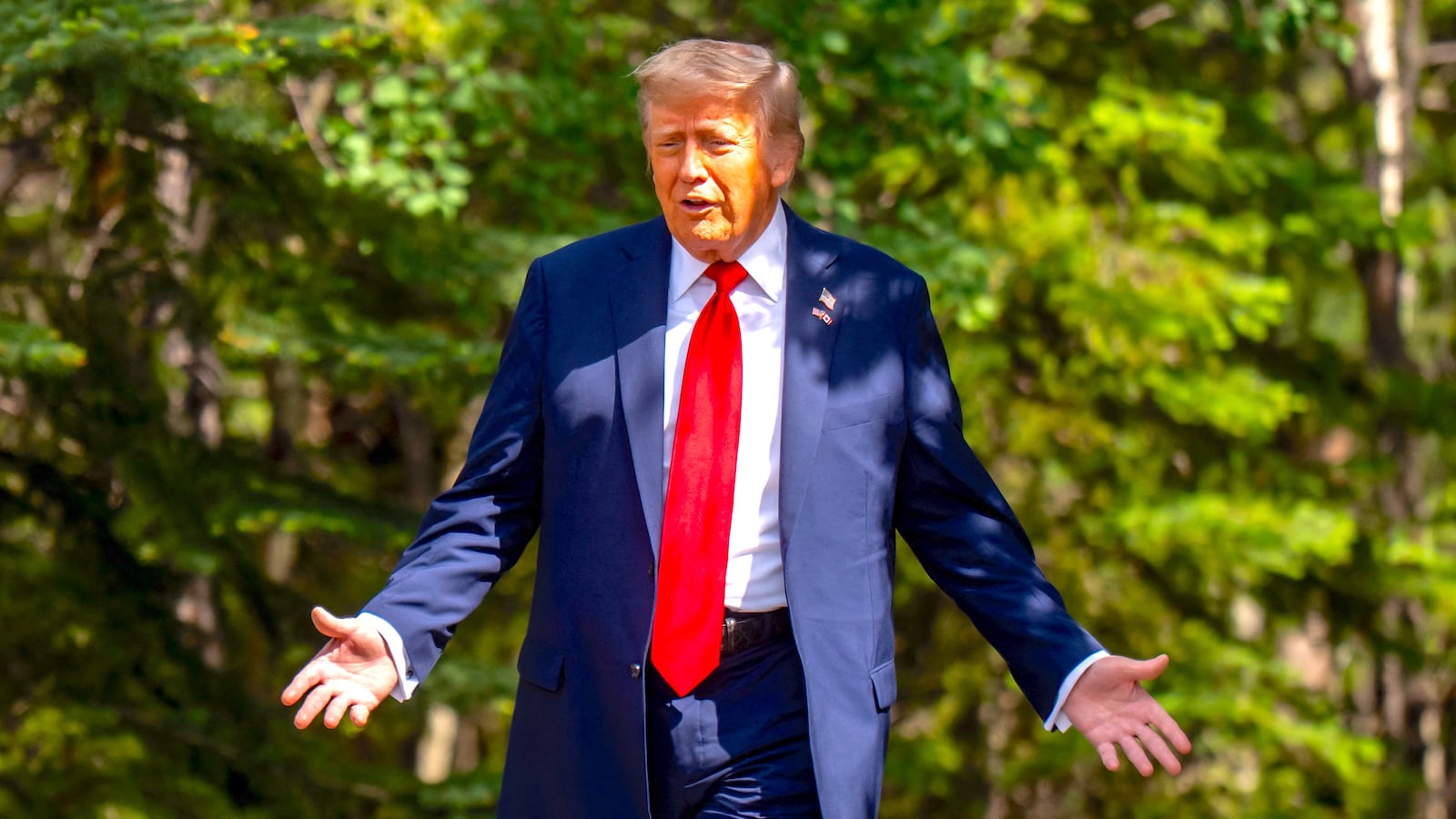 Donald Trump is pictured during an arrival ceremony at the Group of Seven (G7) Summit at the Pomeroy Kananaskis Mountain Lodge in Kananaskis, Alberta, Canada on June 16, 2025.