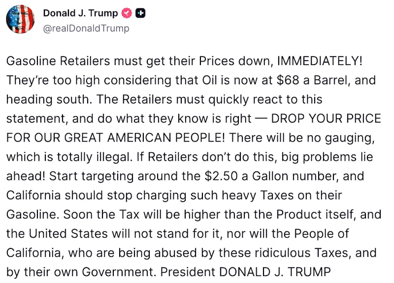 Trump Truth Social post about gas prices