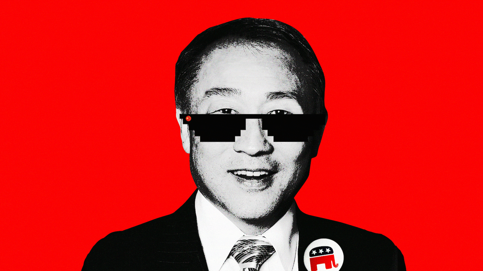A gif of Solomon Yue with silly spy sunglasses on wearing an RNC pin.