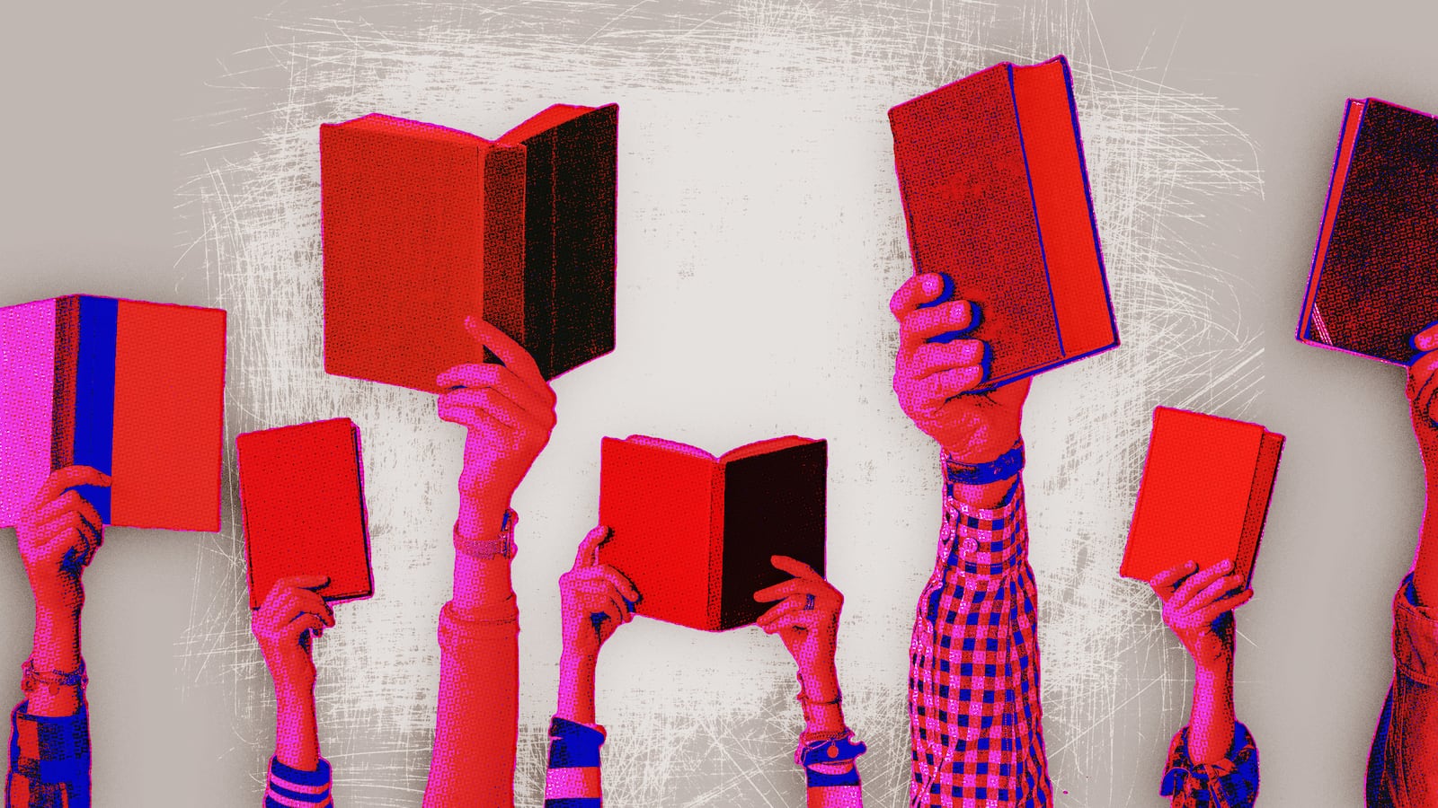 A photo illustration of people raising up books in the air.