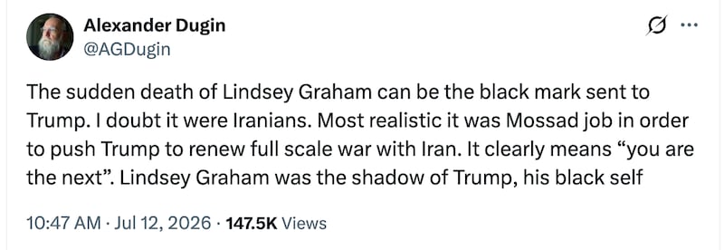 Russian figures react to Lindsey Graham's death online.