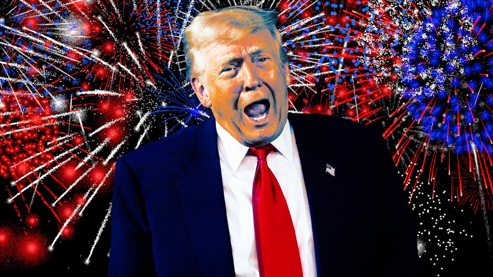 A photo illo illustration of Donald Trump and fireworks.