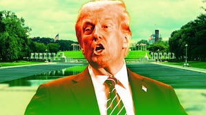 A photo illustration of Donald Trump and the Reflecting Pool in DC.