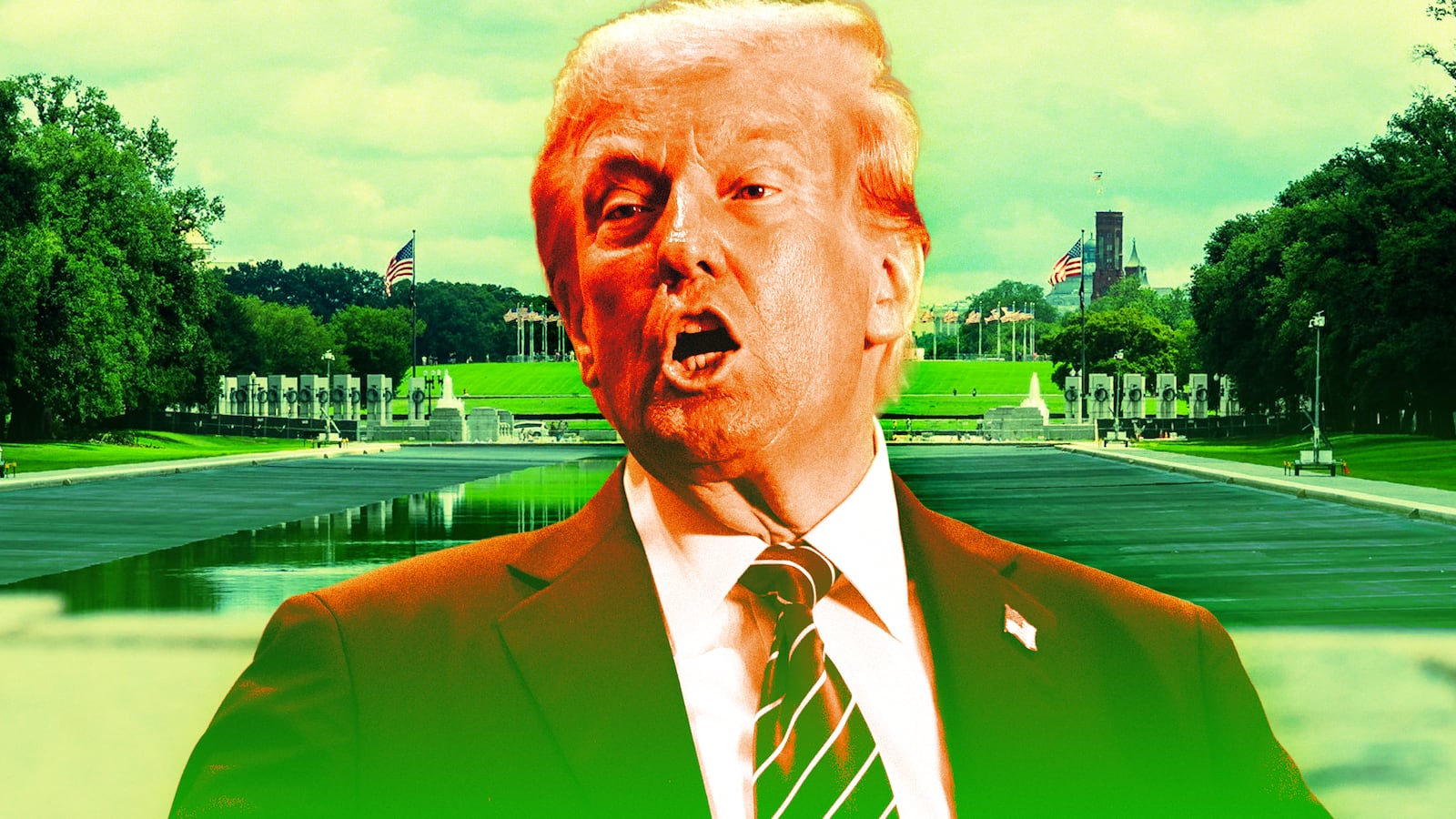 A photo illustration of Donald Trump and the Reflecting Pool in DC.