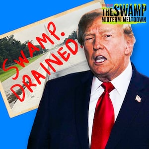 A photo illustration for The Swamp of Donald Trump and the condition of the drained DC Reflecting Pool.