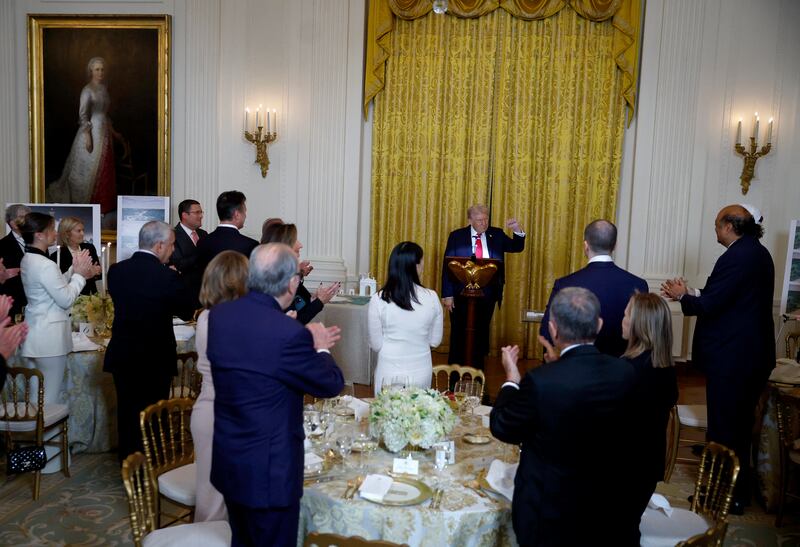 WASHINGTON, DC - OCTOBER 15: U.S. President Donald Trump delivers remarks during a ballroom fundraising dinner in the East Room of the White House on October 15, 2025 in Washington, DC. Trump hosted organizations and individuals for a fundraising dinner for the new $250 million ballroom addition currently under construction at the White House. (Photo by Kevin Dietsch/Getty Images)