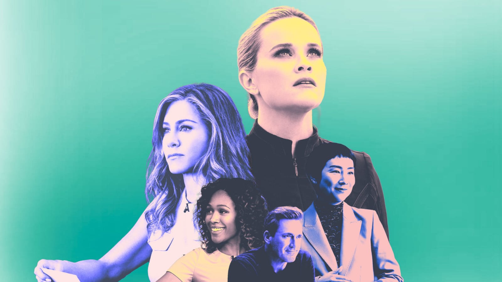 A photo illustration showing Jennifer Anniston. Reese Witherspoon, John Hamm, Greta Lee and Nicole Beharie in The Morning Show