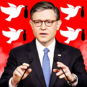 A photo illustration of Speaker Mike Johnson in front of doves carrying bombs.