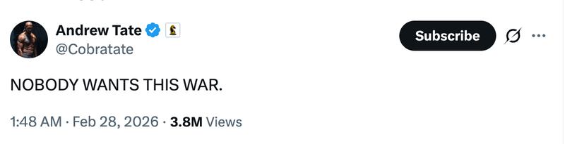 Tate posted numerous times on X in the early morning hours on Saturday.