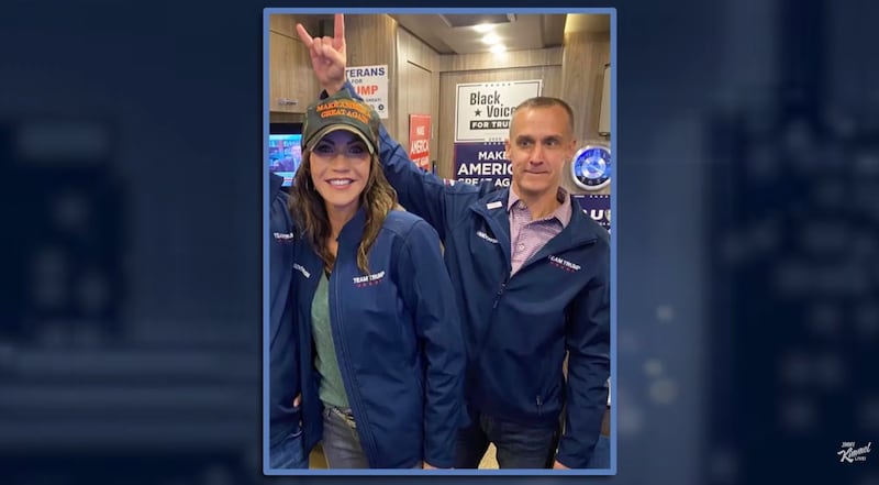 Jimmy Kimmel Live! Kimmel sharing photo of Noem and Lewandowski during Trump 2024 presidential campaign.