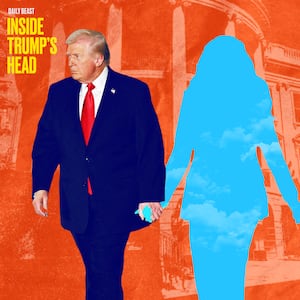 Donald Trump holding hands with a Melania-shaped blank space