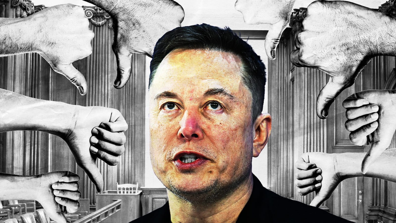 Elon Musk surrounded by thumbs down in a court room.