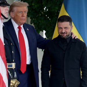 President Donald Trump greets Ukrainian President Volodymyr Zelensky