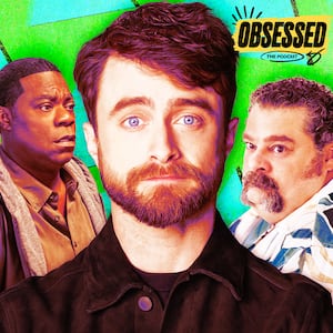 A photo illustration of Tracy Morgan, Daniel Radcliffe, and Bobby Moynihan in The Fall and Rise of Reggie Dinkins for the Obsessed Podcast.