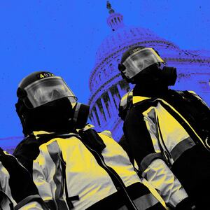 A photo illustration of Capitol Police on Jan. 6 in front of the Capitol.