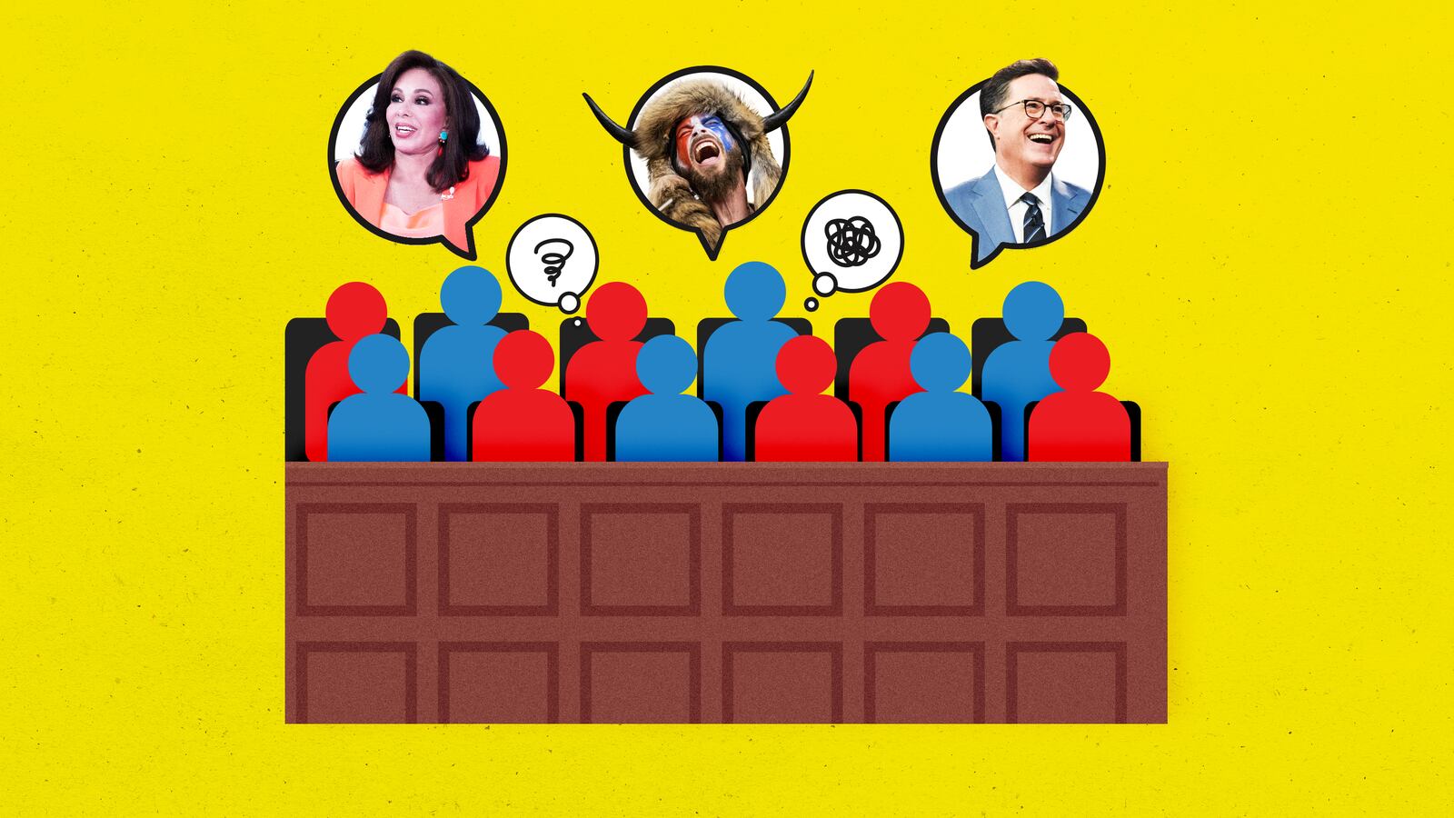 A photo illustration of a jury pool and Jeanine Pirro, Qanon Shaman, and Stephen Colbert.