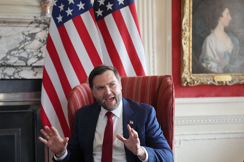 US Vice President JD Vance speaks during a meeting at Chevening House, in Chevening, southeast England, on August 8, 2025 with Britain's Foreign Secretary David Lammy (unseen). Lammy is hosting the US vice president and his family throughout the weekend for a private holiday at his country retreat in Chevening in Kent. The pair were expected to  discuss shared priorities and the UK-US relationship. (Photo by Kin Cheung / POOL / AFP) (Photo by KIN CHEUNG/POOL/AFP via Getty Images)