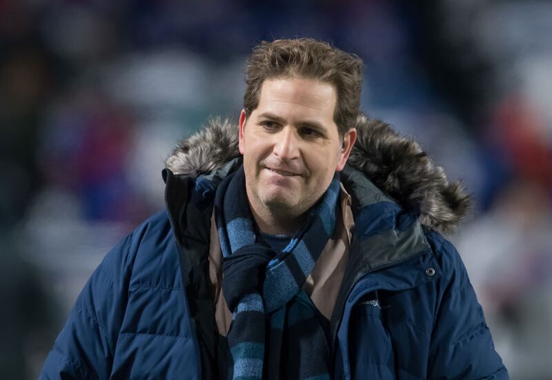 Dec 17, 2022; Orchard Park, New York, USA; NFL Network personality Peter Schrager on the sidelines before a game between the Buffalo Bills and the Miami Dolphins at Highmark Stadium. Mandatory Credit: Mark Konezny-USA TODAY Sports