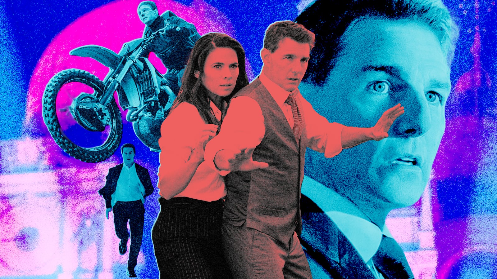 A photo composite of Tom Cruise and Hayley Atwell from Mission: Impossible Dead Reckoning Part One.