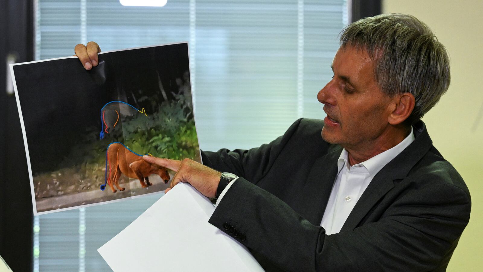 Michael Grubert, mayor of Kleinmachnow, holds a picture showing that the suspected animal on the loose may not be a lion but a boar, in Kleinmachnow, Germany, July 21, 2023.