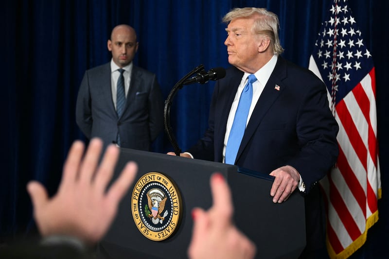 Stephen Miller looks on as US President Donald Trump speaks in Palm Beach, Florida, on January 3, 2026.