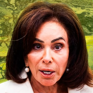 A photo illustration of Jeanine Pirro and the DC reflecting pool.