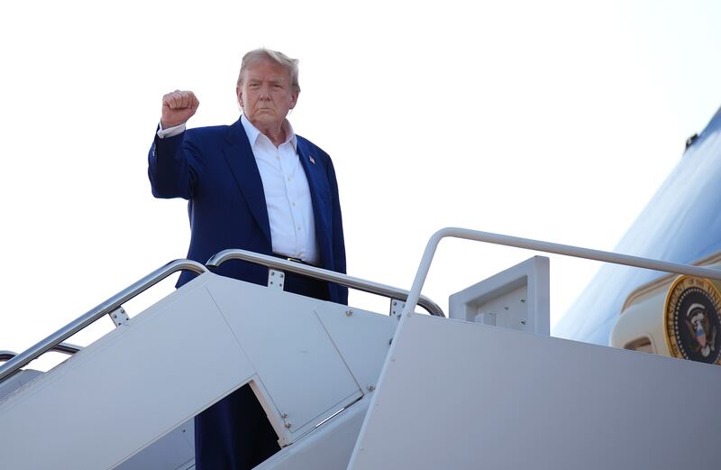 Donald Trump boards Air Force One to depart for the 2025 NATO Summit on June 24, 2025 at Joint Base Andrews, Maryland.