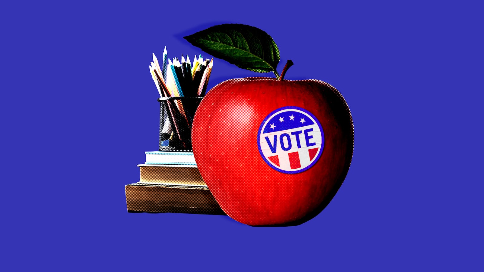 A photo illustration of an apple and Vote sticker with school supplies.