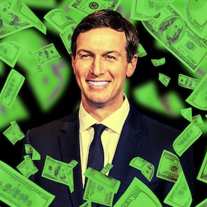A photo illustration of Jared Kushner surrounded by money.