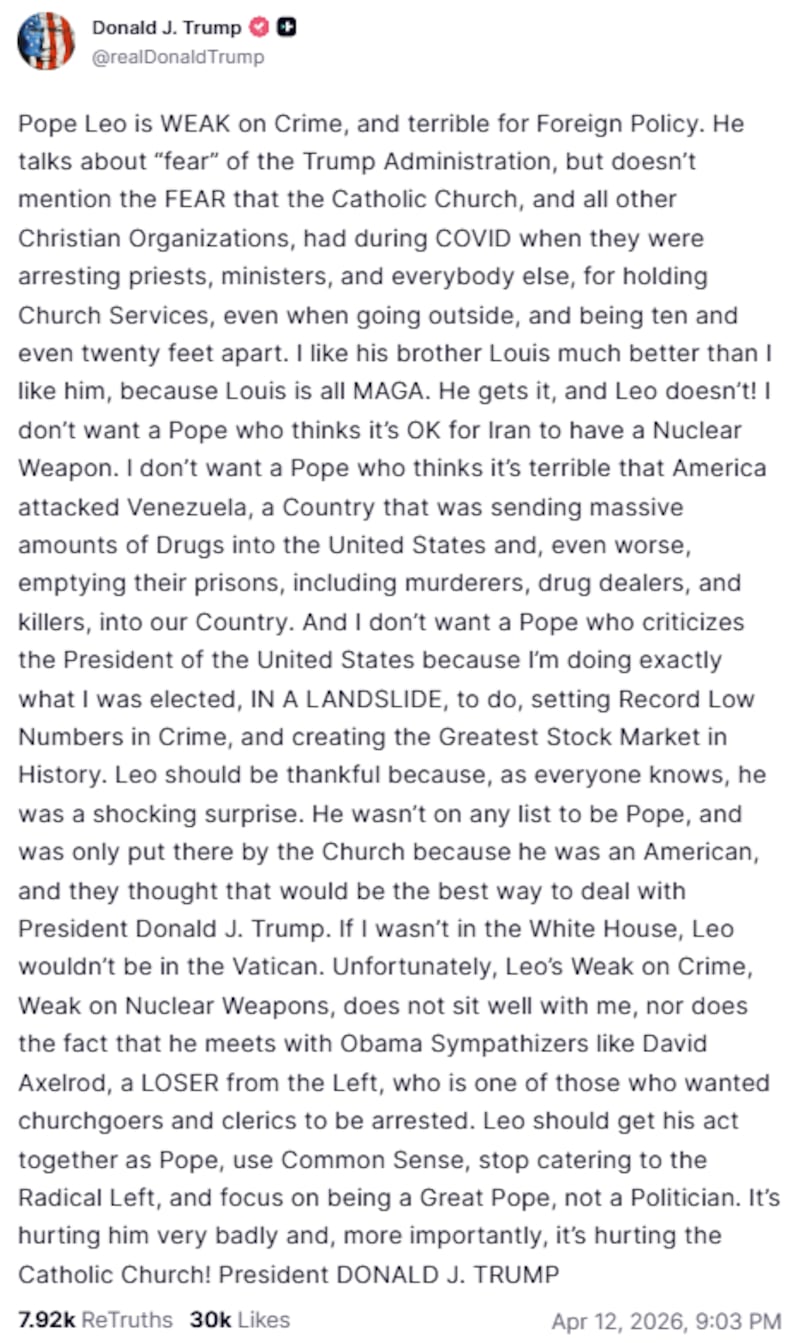 Trump's bonkers post raging at Pope Leo.