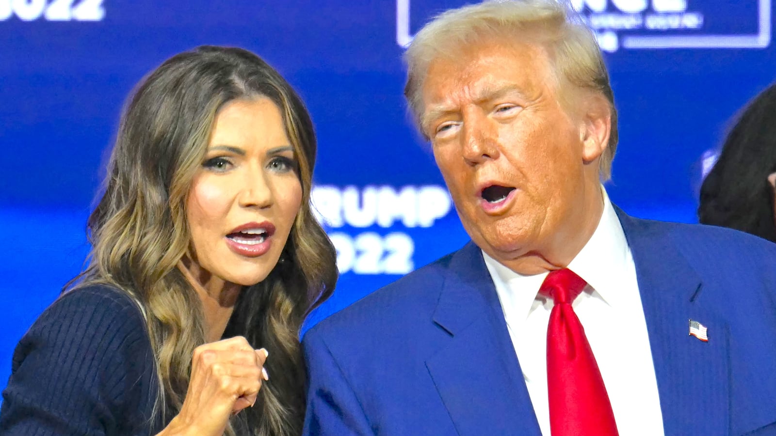 Donald Trump speaks with moderator Kristi Noem during a town hall at the Greater Philadelphia Expo Center and Fairgrounds in Oaks, Pennsylvania, on October 14, 2024.