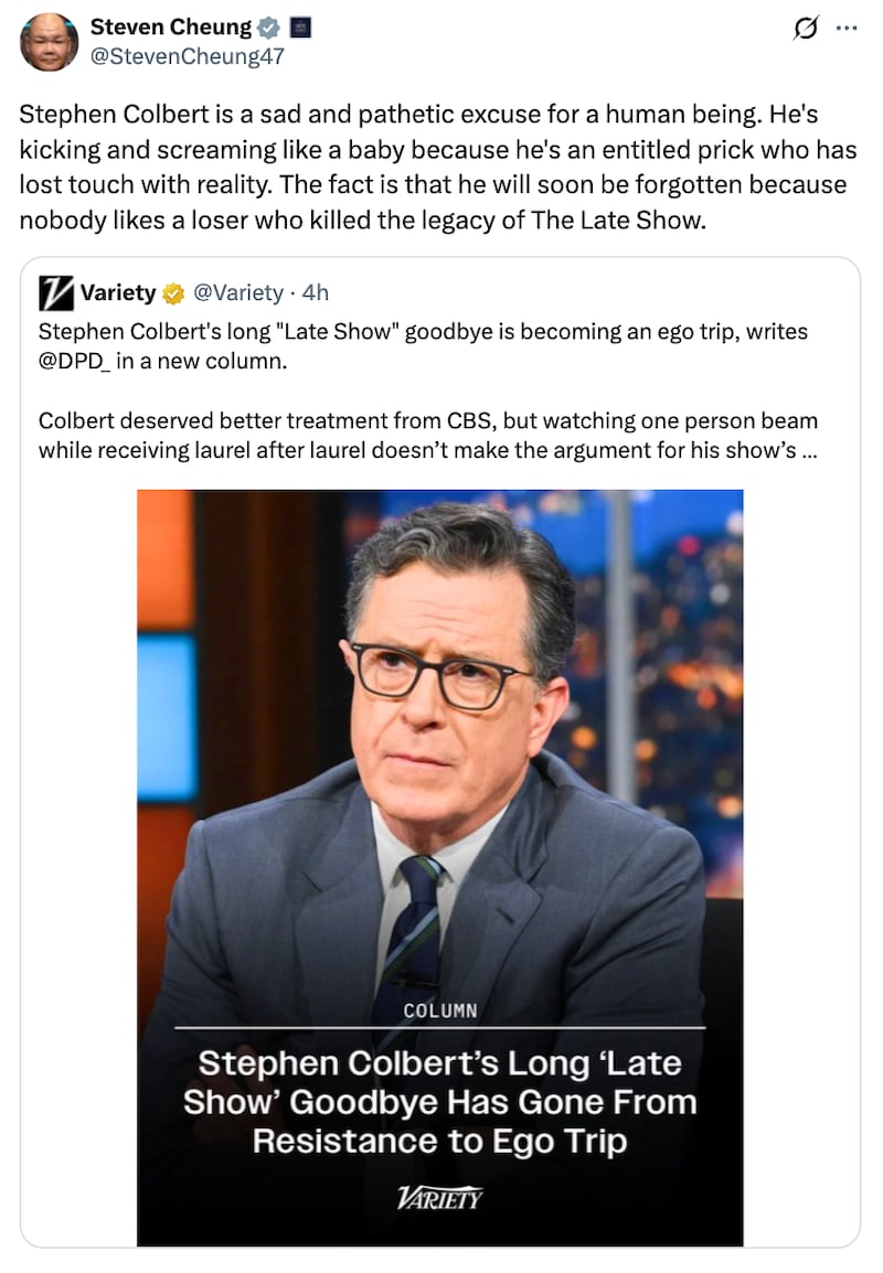 Steven Cheung X post about Stephen Colbert