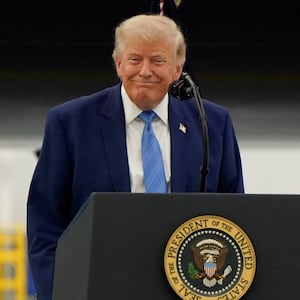 U.S. President Donald Trump delivers a speech as he stands in front of the VC-25B aircraft gifted by Qatar that will be used as Air Force One, at Joint Base Andrews, Maryland, U.S., June 19, 2026.