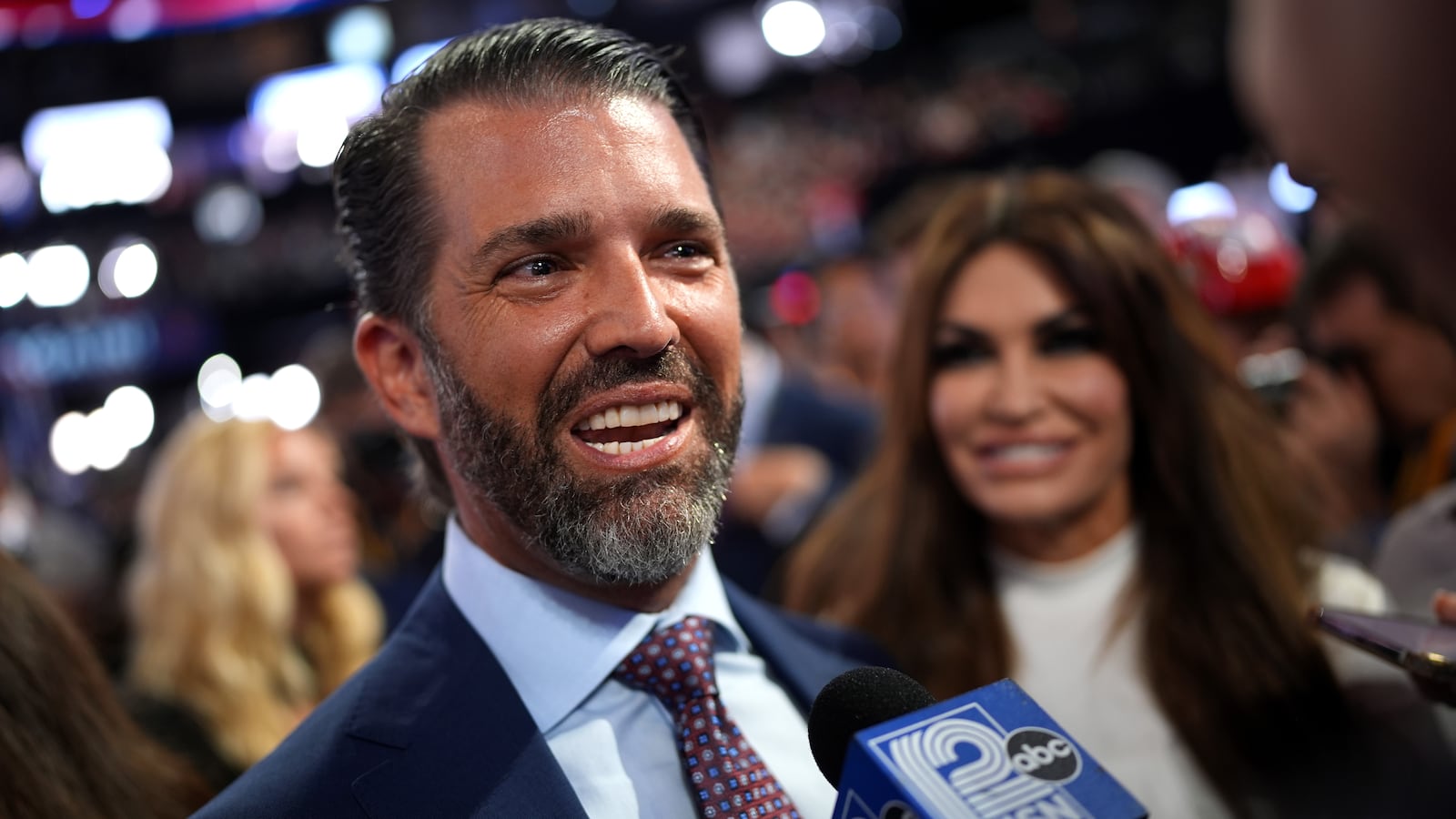 MILWAUKEE, WISCONSIN - JULY 15: Donald Trump Jr., son of former U.S. President Donald Trump speaks to the media on the first day of the Republican National Convention at the Fiserv Forum on July 15, 2024 in Milwaukee, Wisconsin. Delegates, politicians, and the Republican faithful are in Milwaukee for the annual convention, concluding with former President Donald Trump accepting his party's presidential nomination. The RNC takes place from July 15-18. (Photo by Andrew Harnik/Getty Images)