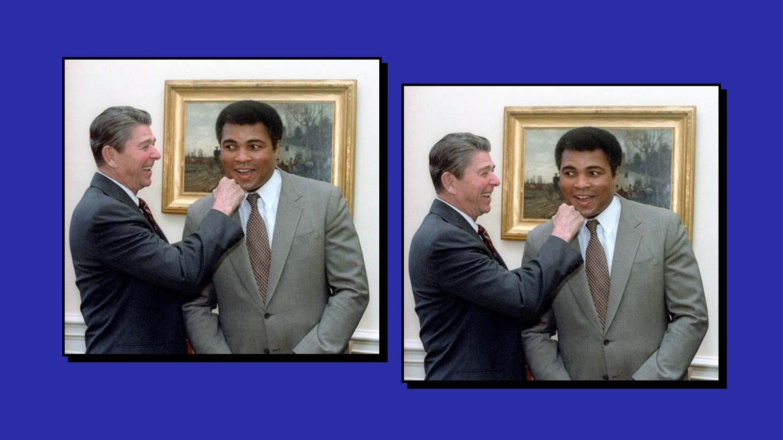Ronald Reagan delivering a mock punch to Muhammad Ali's jaw
