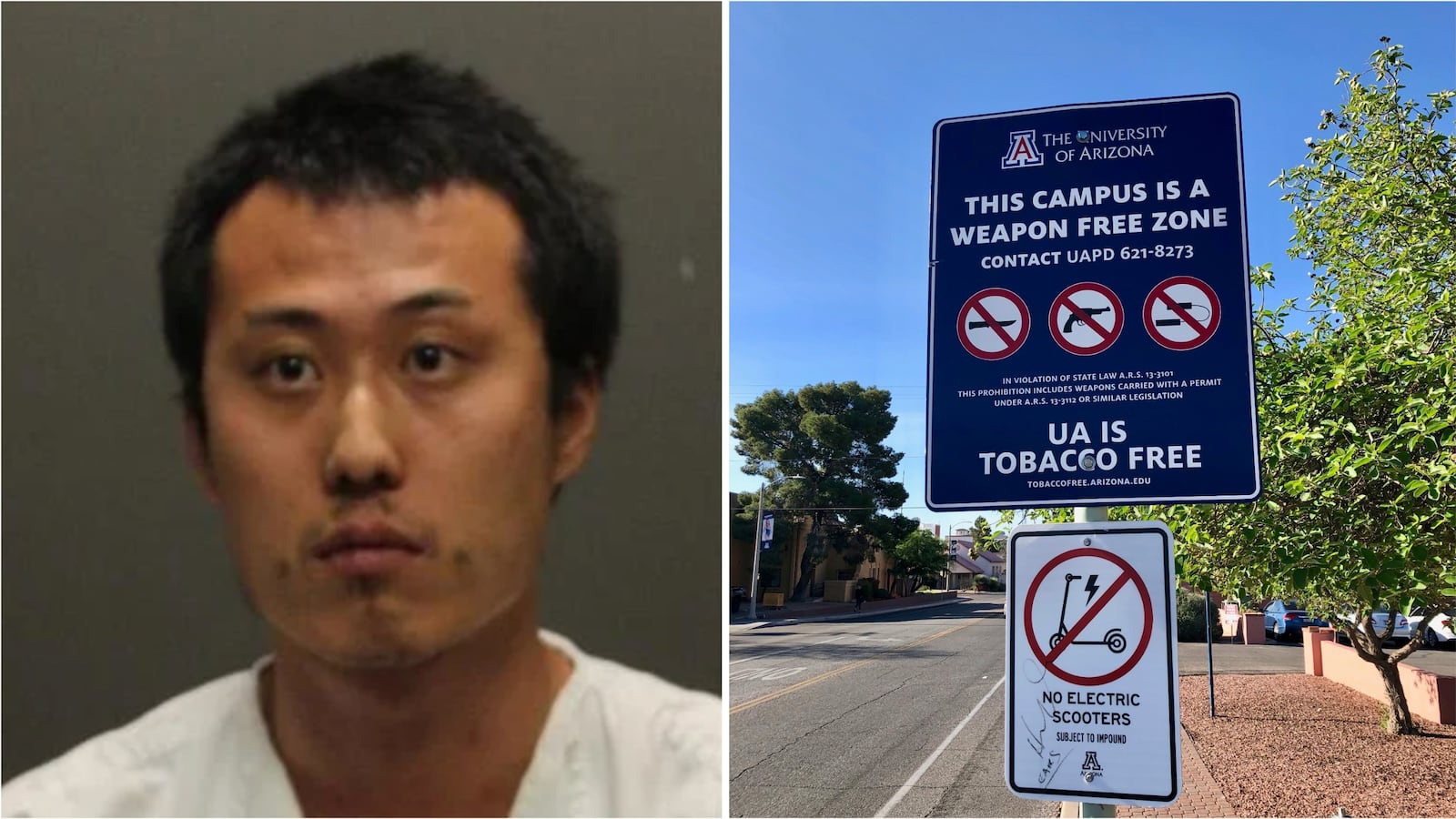 A booking photo of Michael Penchung Lee and a photo of a sign on the University of Arizona campus declaring it a “weapon free zone.”