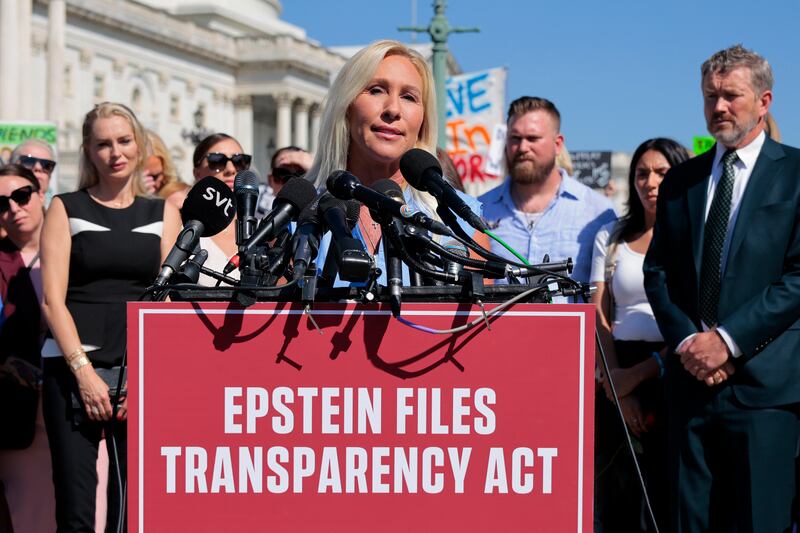 WASHINGTON, DC - SEPTEMBER 03: Rep. Marjorie Taylor Greene (R-GA) speaks during a news conference with 10 of the alleged victims of disgraced financier and sex trafficker Jeffrey Epstein outside the U.S. Capitol on September 03, 2025 in Washington, DC. Rep. Thomas Massie (R-KY) and Rep. Ro Khanna (D-CA ) have introduced the Epstein List Transparency Act to force the federal government to release all unclassified records from the cases of Epstein and his associate, Ghislaine Maxwell. (Photo by Chip Somodevilla/Getty Images)